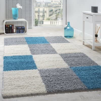 Handwoven Shag Collection Super Soft Microfiber Silk Touch Rug – Ivory, Grey & Aqua – Soft Feel with Anti-Skid Rubber Backing