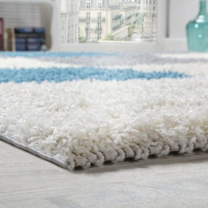 Handwoven Shag Collection Super Soft Microfiber Silk Touch Rug – Ivory, Grey & Aqua – Soft Feel with Anti-Skid Rubber Backing