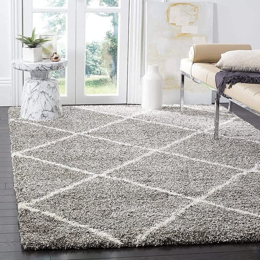 Diamond Cross Super Soft Microfiber Silk Touch Rugs Grey With Ivory Living Area Rug - Soft Feel with Anti-Skid Rubber Backing