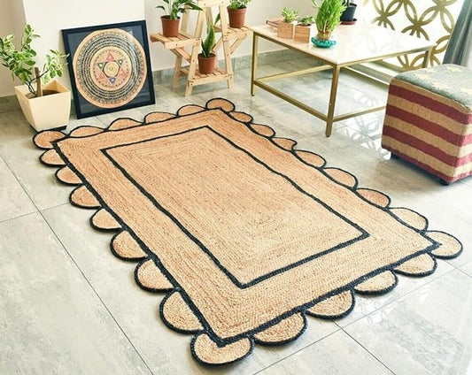 Natural Jute With Black Dye Scalloped Design Handmade Braided Farmhouse Rectangle Jute Area Rug.