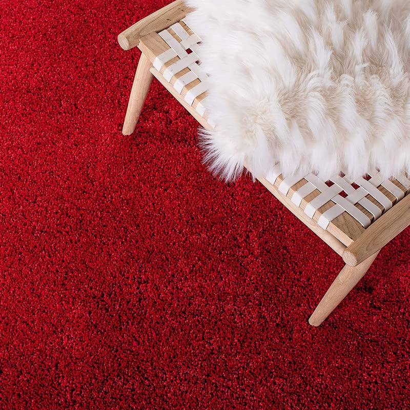 Plain Red Fluffy Rug – Gorgeous Super Soft 2-Inch Pile Microfiber Silk Touch with Anti-Skid Rubber Base