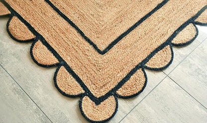 Natural Jute With Black Dye  Scalloped Design Handmade Braided Farmhouse Rectangle Jute Area Rug.
