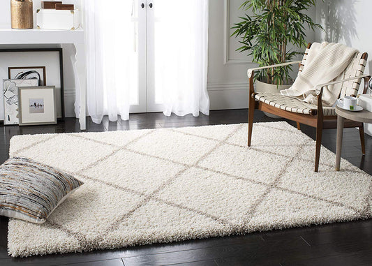Diamond Shaggy Design Rug – Ivory with Beige Lines – Microfiber Hand-Tufted Carpet – Soft Feel with Anti-Skid Rubber Backing