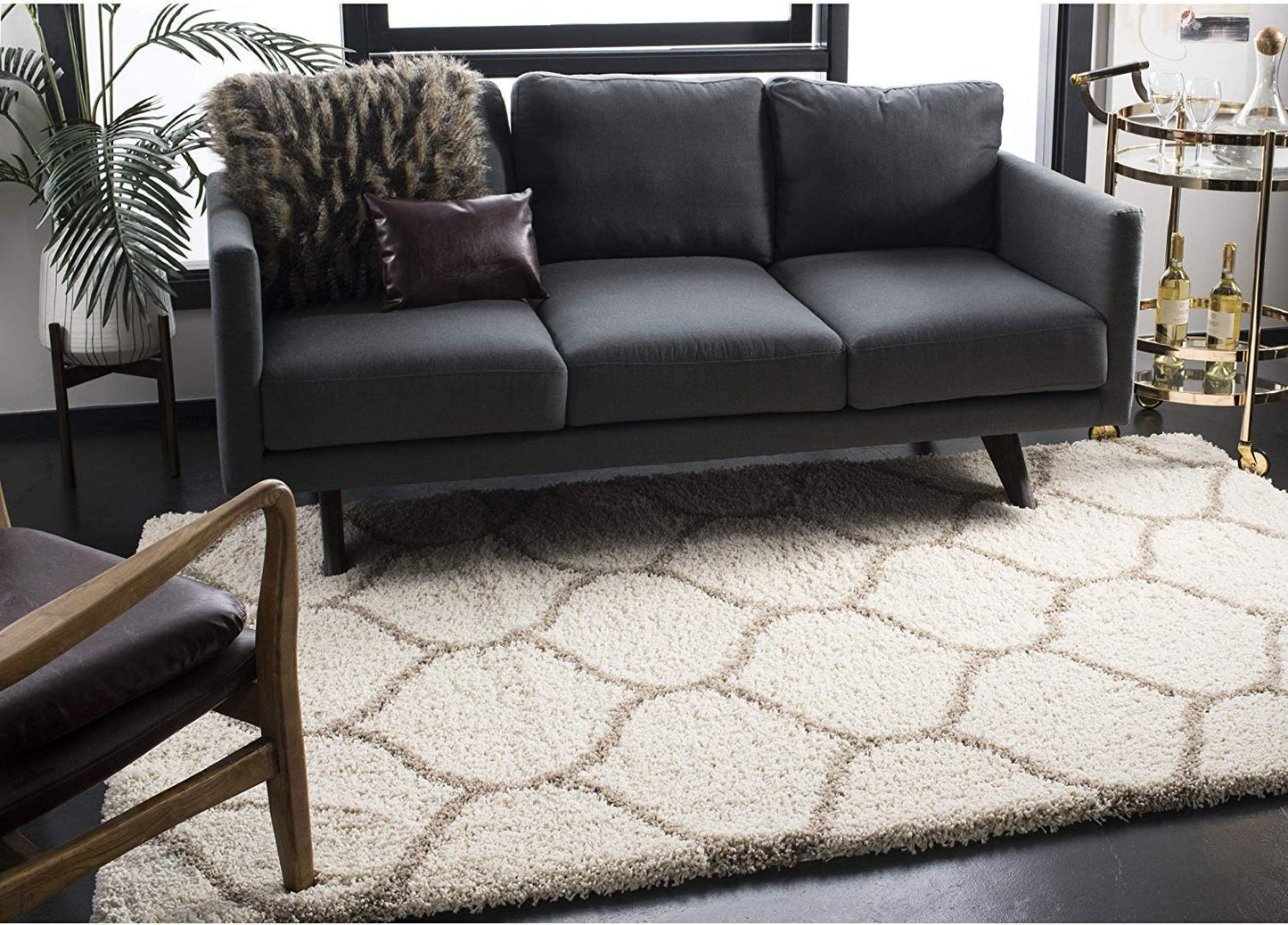 Premium Ivory & Grey Lining Moroccan Fluffy Rug – Super Soft Microfiber – Soft Touch & Anti-Skid Rubber Base
