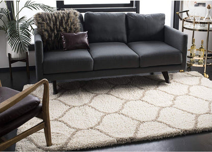 Premium Ivory & Grey Lining Moroccan Fluffy Rug – Super Soft Microfiber – Soft Touch & Anti-Skid Rubber Base