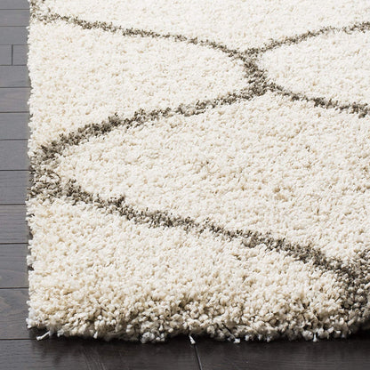 Premium Ivory & Grey Lining Moroccan Fluffy Rug – Super Soft Microfiber – Soft Touch & Anti-Skid Rubber Base