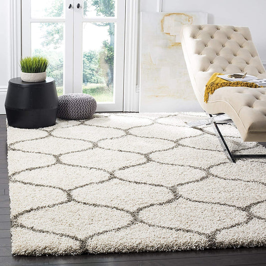 Premium Ivory & Grey Lining Moroccan Fluffy Rug – Super Soft Microfiber – Soft Touch & Anti-Skid Rubber Base
