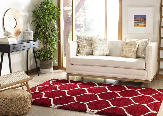 Red & White Tufted Moroccan Design Carpet – Soft Feel with Anti-Skid Rubber Backing