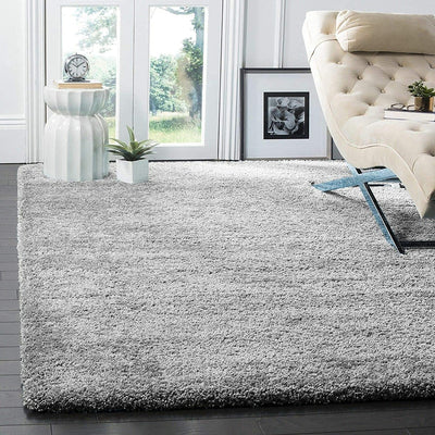 Premium Plain Silver Grey Fluffy Microfiber Rug – Silk Touch & Super Soft – Anti-Skid Rubber Base