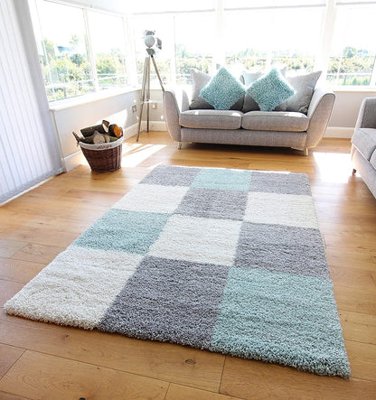 Handwoven Shag Collection Super Soft Microfiber Silk Touch Rug – Ivory, Grey & Aqua – Soft Feel with Anti-Skid Rubber Backing