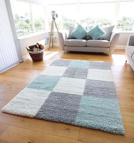 Handwoven Shag Collection Super Soft Microfiber Silk Touch Rug – Ivory, Grey & Aqua – Soft Feel with Anti-Skid Rubber Backing