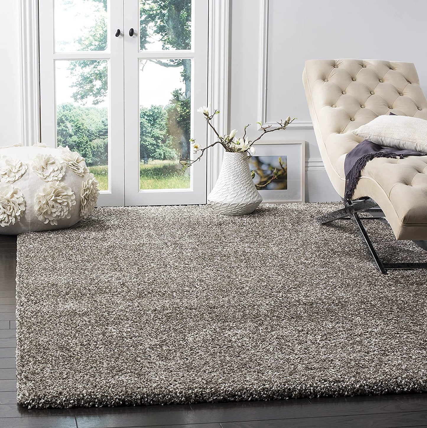 Ivory & Grey Micro Shaggy Rug – Luxurious Hand-Tufted Microfiber Carpet – Soft Feel with Anti-Skid Rubber Backing