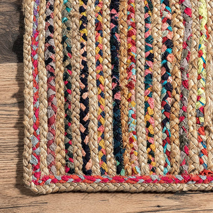 Natural Jute with Multicolor cotton Dye Scalloped Design Handmade Braided Farmhouse Rectangle Jute Area Rug.