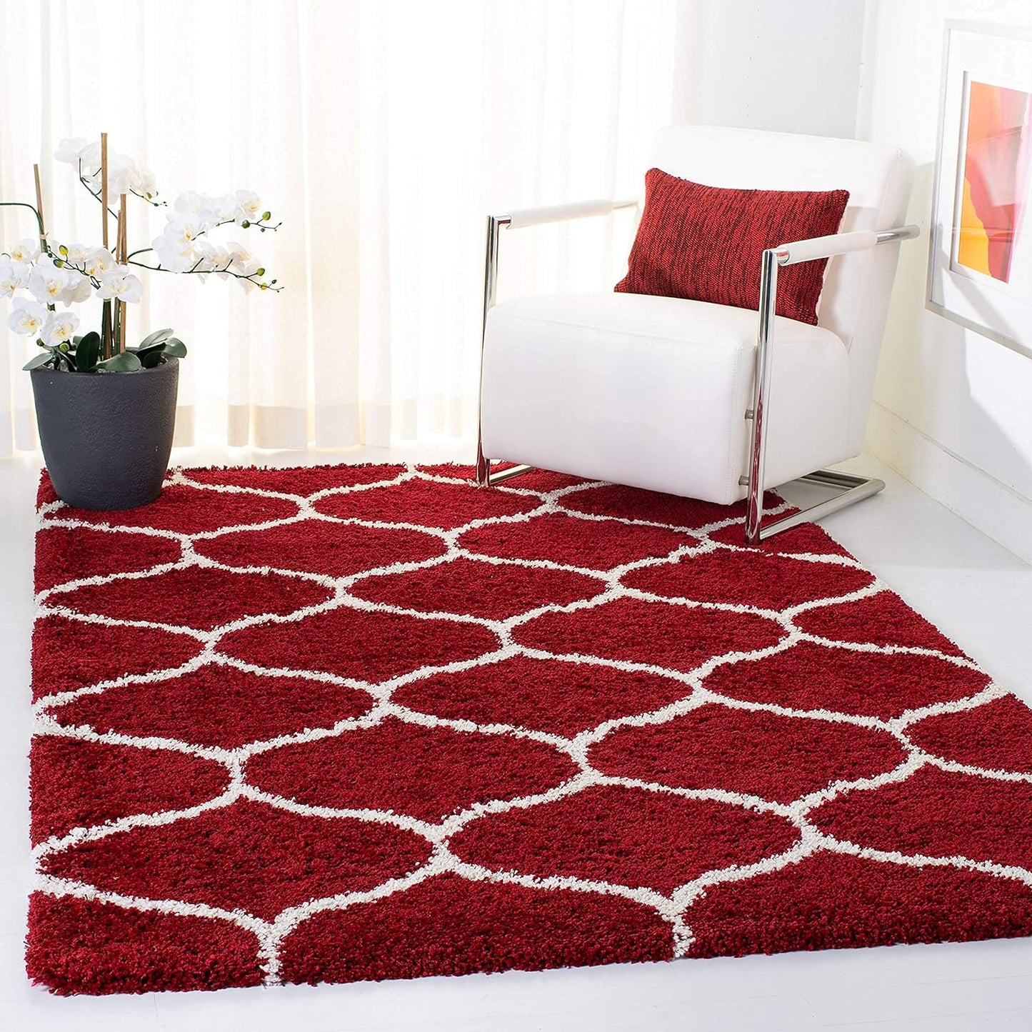 Red & White Tufted Moroccan Design Carpet – Soft Feel with Anti-Skid Rubber Backing