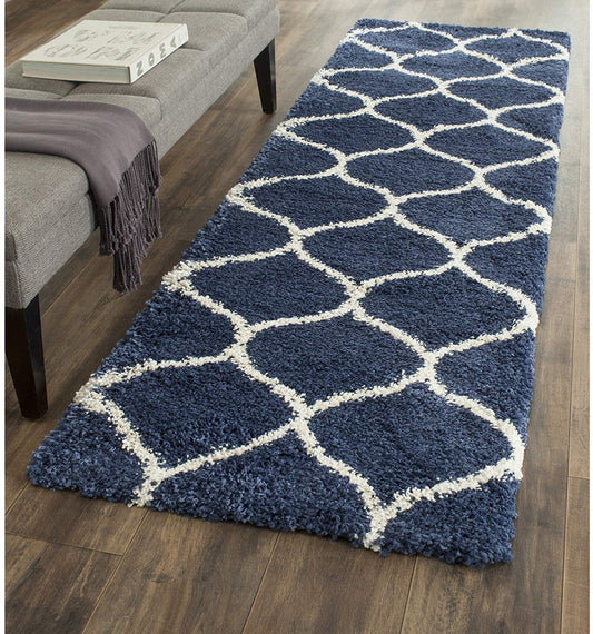 Blue & Ivory Moroccan Design Shaggy Bedside Runner – Soft Feel, Anti-Skid Rubber Backing