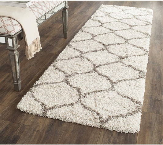 Ivory & Grey Moroccon Design Soft Shaggy Multi Sizes Bedside runner - Soft Feel, Anti-Skid Rubber Backing