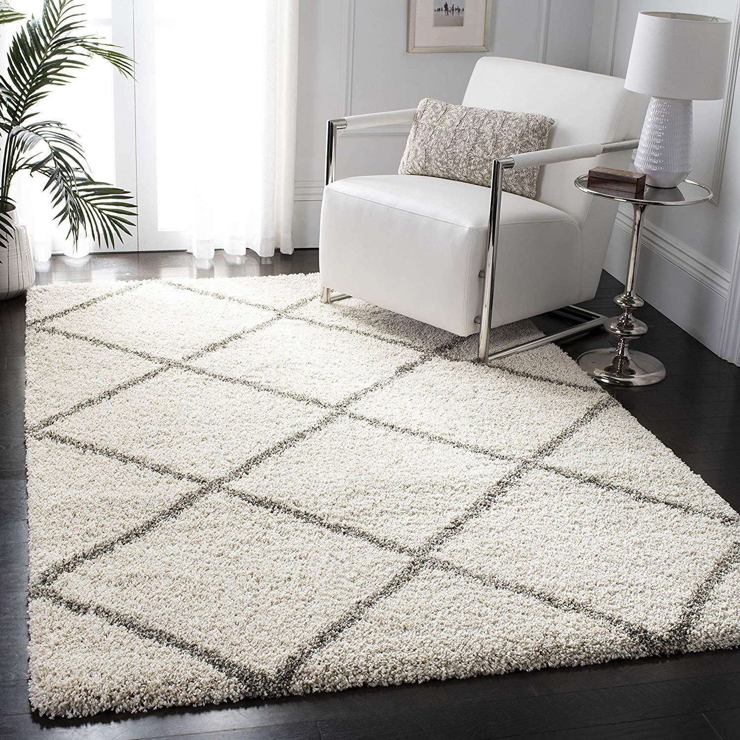ivory with grey Diamond Design shaggy rug carpet