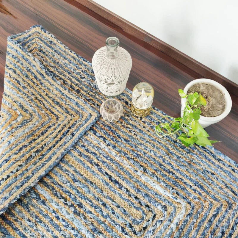 Jeans With Natural Jute Hand Braided Rugs.