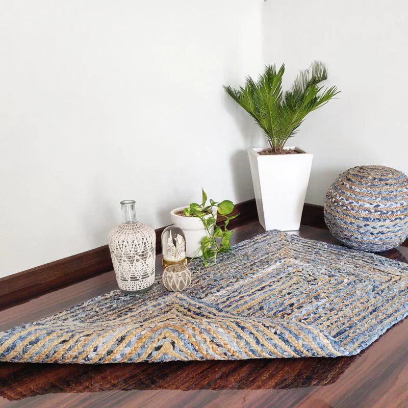 Jeans With Natural Jute Hand Braided Rugs.