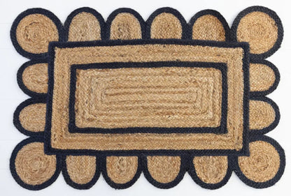 Natural Jute With Black Dye  Scalloped Design Handmade Braided Farmhouse Rectangle Jute Area Rug.