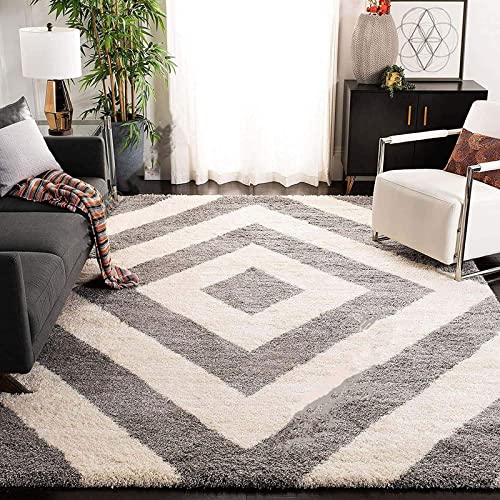 Elegant Cream and Grey Fluffy Moroccan Diamond Rug – Soft Touch with Anti-Slip Rubber Backing