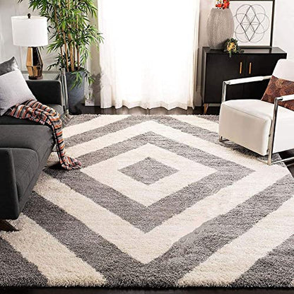 Elegant Cream and Grey Fluffy Moroccan Diamond Rug – Soft Touch with Anti-Slip Rubber Backing
