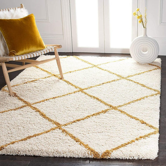 Yellow & Cream Moroccan Design Microfiber Carpet – Soft Feel with Anti-Skid Rubber Backing