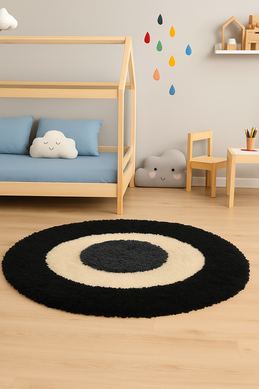 Black & White Round Carpet - Soft Feel with Anti-Skid Rubber Backing
