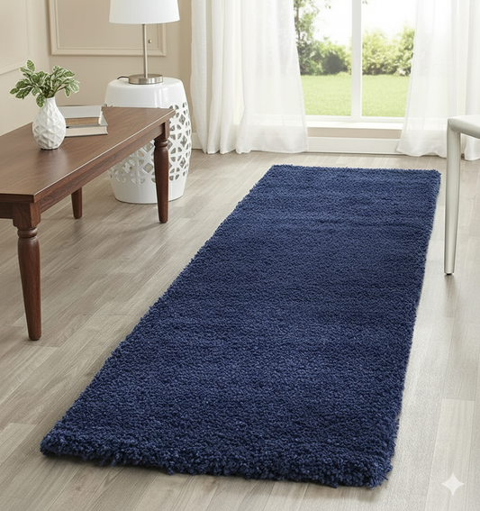 Navy Blue Plain Premium Shaggy Bedside Runner - Soft Feel, Anti-Skid Rubber Backing