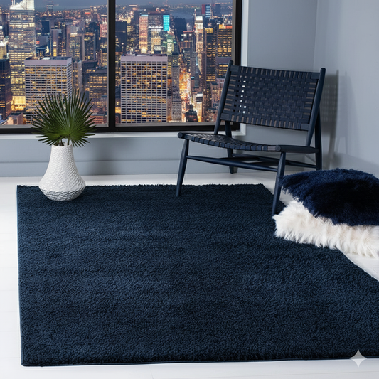 Navy Blue Plain – Premium Fluffy Shaggy Hand-Tufted Super Soft Microfiber Carpet – Soft Feel with Anti-Skid Rubber Backing