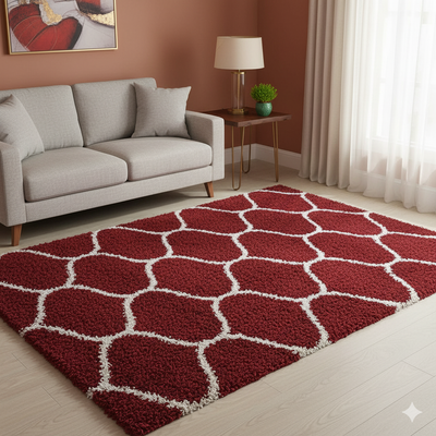 Moroccan Style Microfiber Carpet Runner Red & Ivory Soft, Non-Slip, - Soft Feel, Anti-Skid Rubber Backing