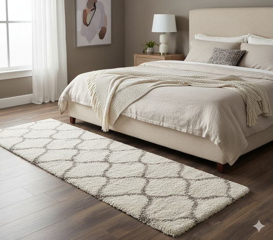 Ivory & Grey Moroccon Design Soft Shaggy Multi Sizes Bedside runner - Soft Feel, Anti-Skid Rubber Backing