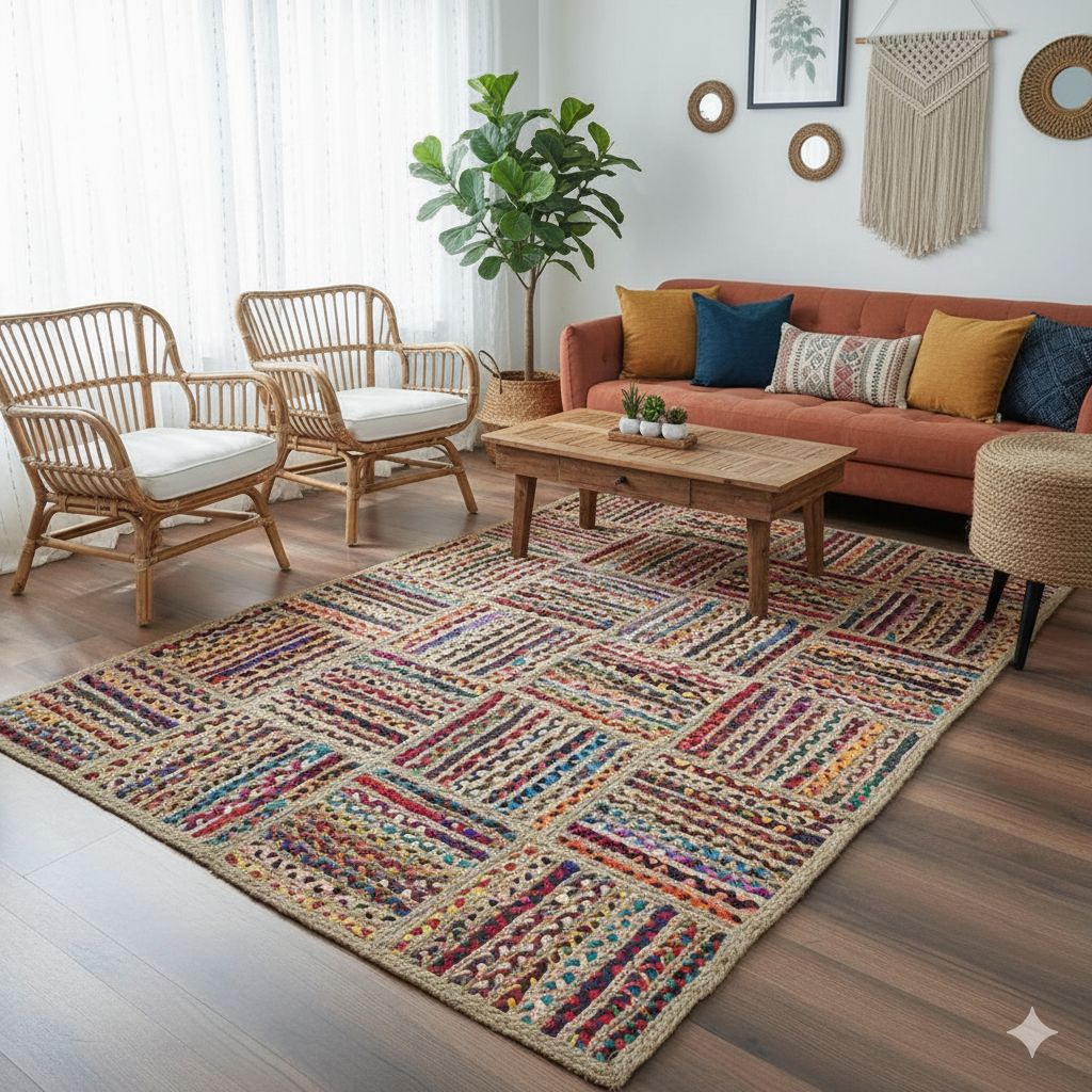 Handwoven Braided Natural Jute & Cotton Chindi premium design Rug – Multiple Sizes