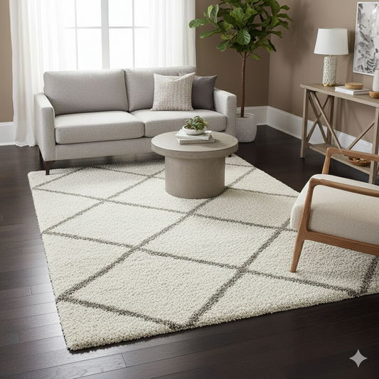 Ivory & Grey Diamond Pattern Soft Shaggy Microfiber Rug – Soft Feel & Anti-Skid Rubber Backing