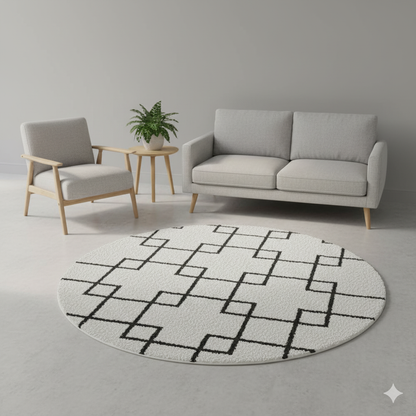 Ivory Round Carpet with Black Geometric Line Design – Soft Feel with Anti-Skid Rubber Backing