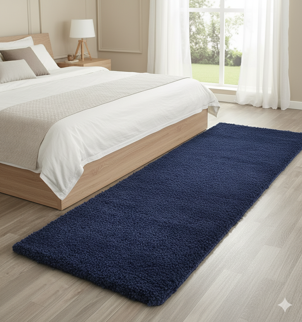Navy Blue Plain Premium Shaggy Bedside Runner - Soft Feel, Anti-Skid Rubber Backing