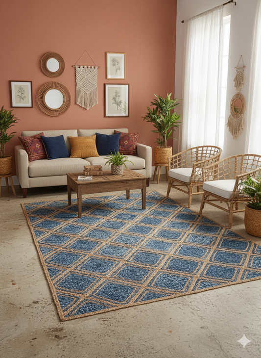 Rugsmore Rugs -Braided Natural Jute Denim Diamond Design Area carpet.