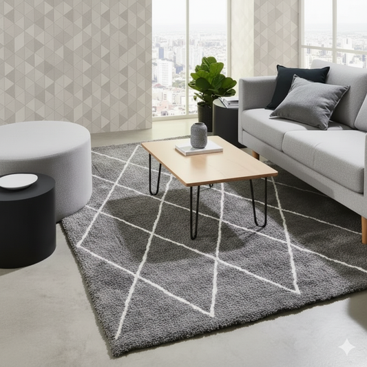 Premium Grey & Ivory Diamond Pattern Shaggy Microfiber Rug – Hand-Tufted – Soft Touch & Anti-Skid Base