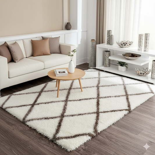 Living room with a white rug featuring brown diamond patterns, beige sofa, and wooden coffee table.