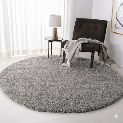 Premium Plain Grey Round Shaggy Carpet – Soft Touch & Anti-Skid Base