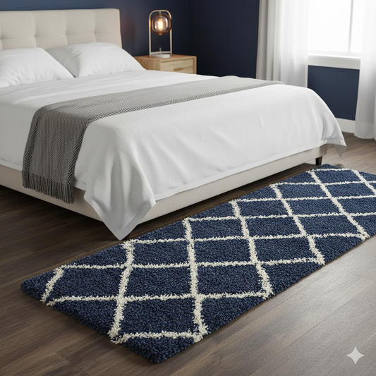 Premium Blue with Ivory Beautiful Micro Bedside Runner - Soft Feel, Anti-Skid Rubber Backing
