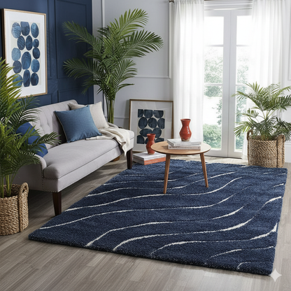 Navy Blue Waves Microfiber Carpet – Soft Feel with Anti-Skid Rubber Backing
