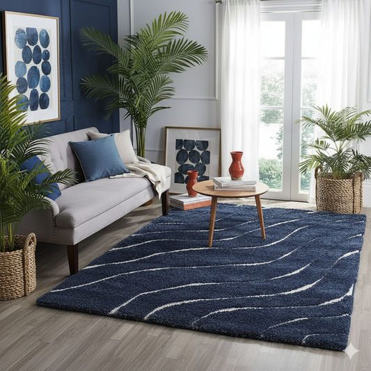Navy Blue Waves Microfiber Carpet – Soft Feel with Anti-Skid Rubber Backing