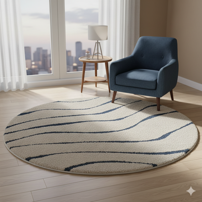 Elegant Ivory & Blue Soft Shaggy Round Carpet – Soft Feel with Anti-Slip Rubber Base