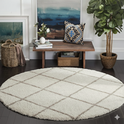 Elegant Ivory & Beige Loom Made Round Shaggy Rug – Fluffy, Soft Feel with Anti-Slip Rubber Base
