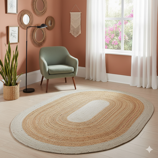 Rugsmore Rug Collection- Natural With White Jute Oval Braided Living Area Rug.