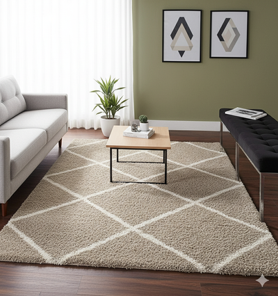 Ivory & Beige Diamond Shaggy Rug – Soft Feel with Anti-Skid Rubber Backing