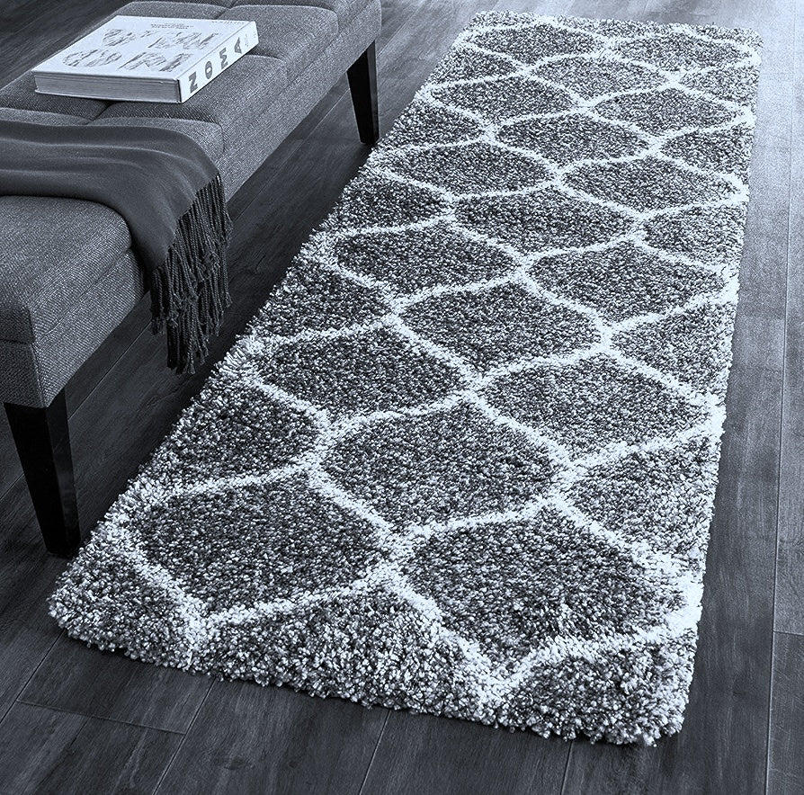 Grey and Ivory Moroccan Style Microfiber Bedside Runner