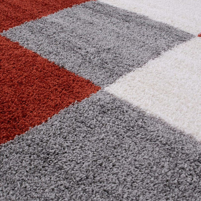Grey with Ivory Diamond Pattern Shaggy Rug – Hand-Tufted Microfiber Carpet – Soft Feel & Anti-Skid Rubber Backing