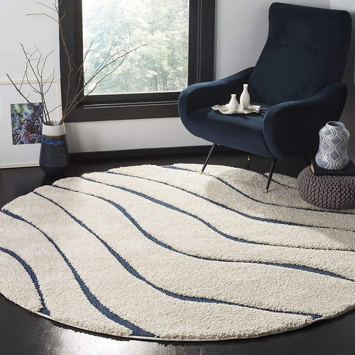 Elegant Ivory & Blue Soft Shaggy Round Carpet – Soft Feel with Anti-Slip Rubber Base